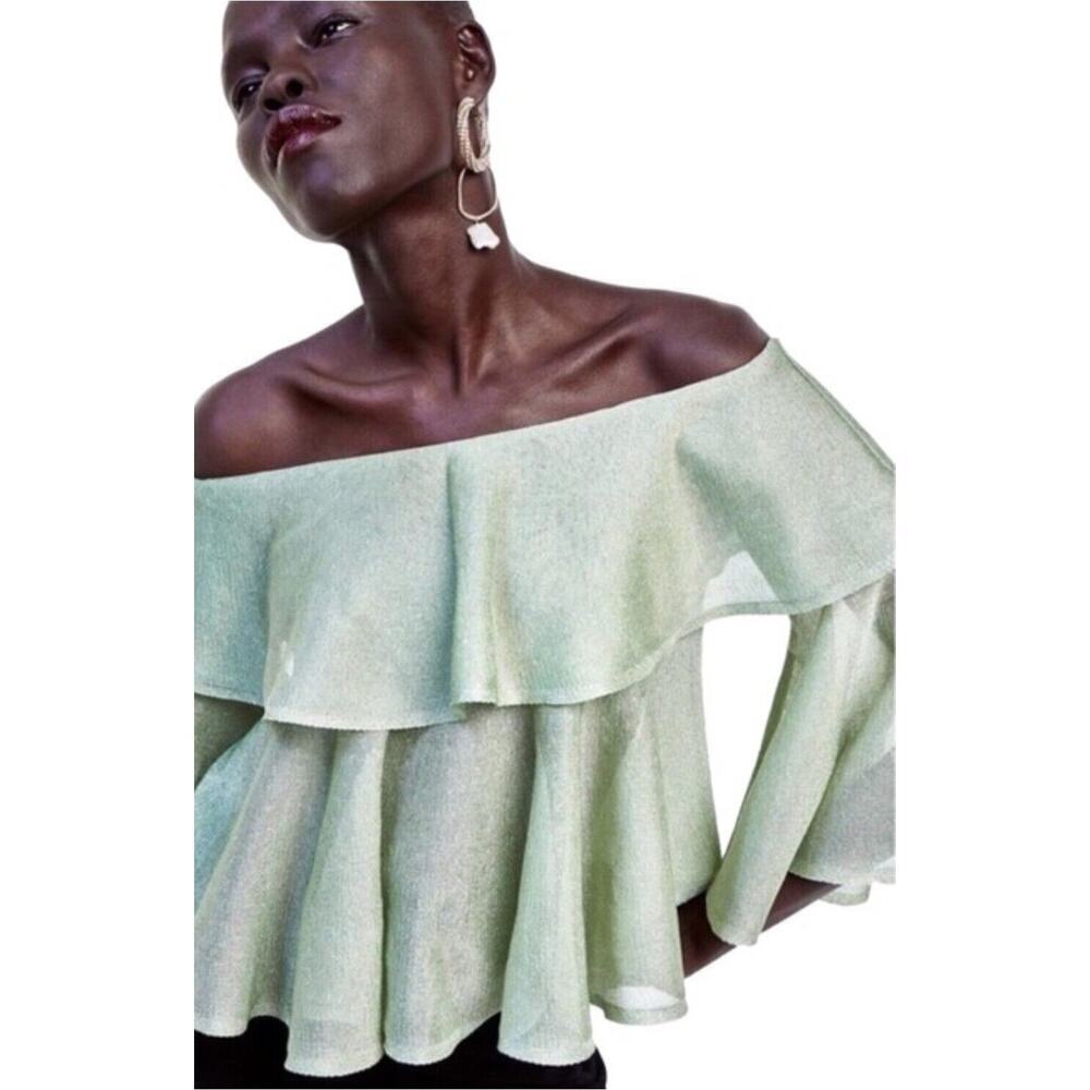 NWT ZARA Shiny Metallic Thread Off Shoulder Crop Top Blouse Sexy Couture Size S‍